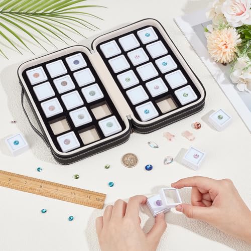 BENECREAT 30 Pcs 2.95x1.6cm Square Gem Jars with Leather Storage Box, White Loose Diamond Box with Window - Image 3