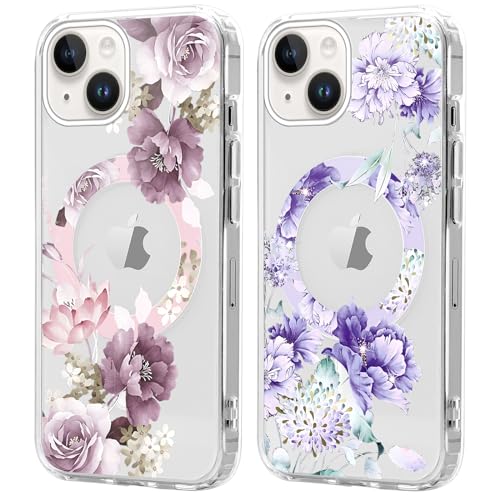 2 Pezzi Cover Magnetica per iPhone 15 Compatibile con MagSafe Trasparente Aesthetic Disegni Custodia Antiurto Bumper Protettiva Case per 15ï¼ÅFiore 05 6.1 pollici silicone tpu