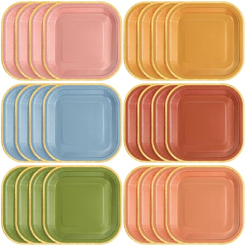 Tiangrid 60 Pcs Bright Wildflower Colorful Vintage Paper Plates 7 Inch Gradient Disposable Square Dessert Party Plates with Gold Edge for Birthday Wedding Bridal Baby Shower Party Supplies 6 Colors