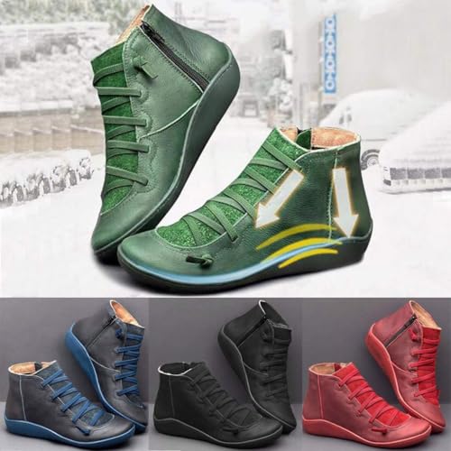 Women Ankle Boots No Heel Arch Support Vintage Lace Up Side Zipper Shoes Retro Comfortable Flat Booties for Outdoor3