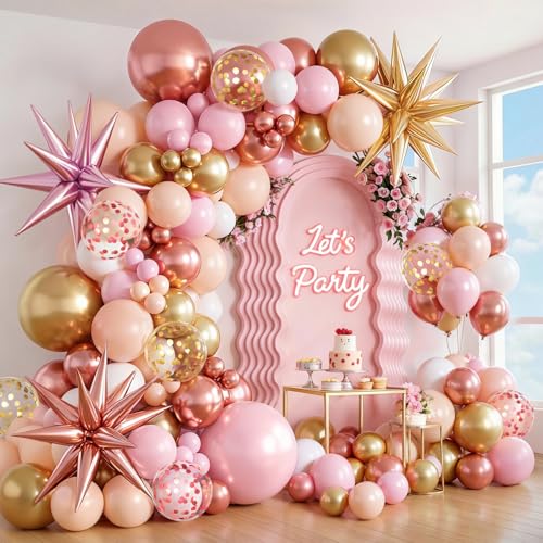 Rose Gold Balloons Arch Garland Kit Pink and Gold Nude Matte White Confetti Balloons for Princess Girl Birthday Bridal Shower Engagement Celebration Anniversary Wedding Party Decorations