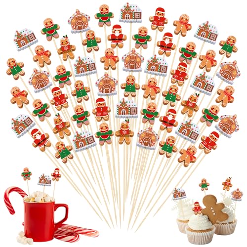 Aodaer 200 Pieces Gingerbread Wooden Cocktail Picks Appetizer Fruits Bamboo Toothpicks Decorative Cocktail Sticks with Gingerbread for Fruits Dessert Appetizer Party Supplies
