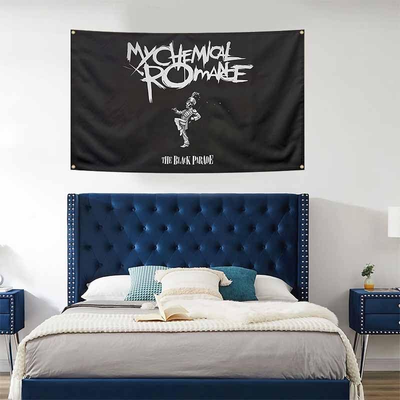 Image of Funny My Chemical Music Flag Romance Black Background With Brass Grommets 100% Polyester Man Cave Bedroom Wall Art Decor
