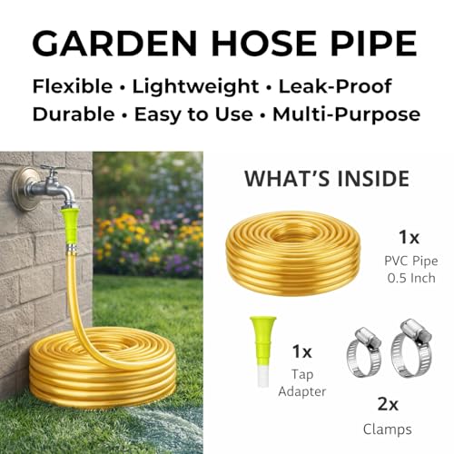 Image of Casa De Amor 0.5 Inch Flexible Expandable Garden Hose Pipe with Connector & Clamps | Light Golden Water Pipe for Gardening, Car Wash & Home Use | Leak-Proof, Lightweight | 5 Meter (16.40 Feet)
