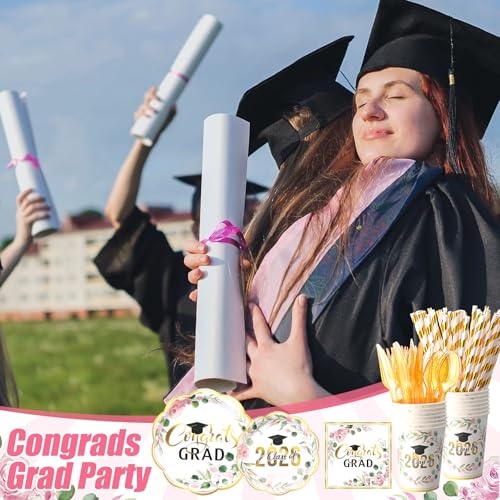 Image of Funnymoom 452 Pcs Class of 2026 Pink Floral Graduation Decoration Party Supply for 50, Pink Gold Congrats Grad Paper Plates Napkins Cup Tablecloth Cutlery Straw for Freshly Graduated Decoration