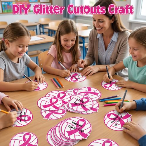 Image of Hot Pink Volleyball Glitter Cutout for Breast Cancer Awareness Party Favor | 100Pcs Glitter Pink Volleyball Cuts for Birthday Favor Sport Ball DIY Paper Cuts for Pink Out Party Bulletin Board Decor