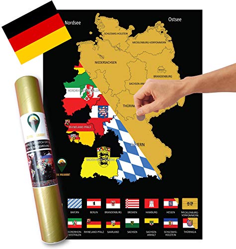 Global Walkabout Deutschland Kratzerkarte mit Flaggenhintergrund Deluxe A3 Deutschland Kratzerkarte - Ideal para exteriores