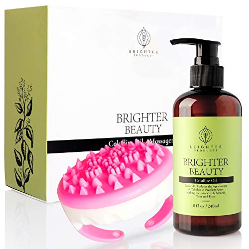 BrighterProducts Anti Cellulite Massage Oil with Cellulite Massager and Remover Brush|All Natural Ingredients, Penetrates Skin 6X Deeper Than Cellulite Cream|Treats Unwanted Fat Tissue Stretch Marks