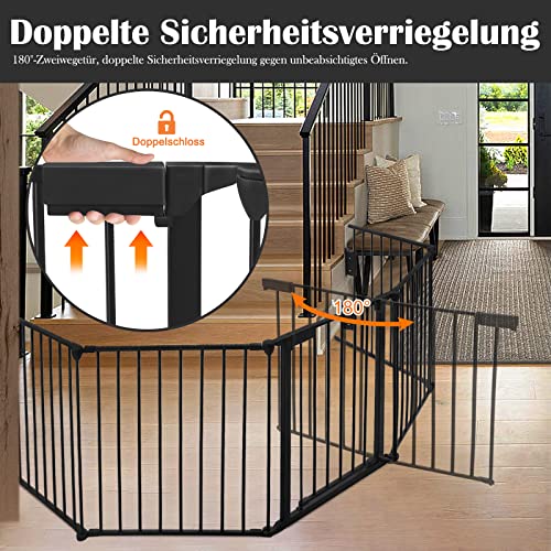 Aufun Kaminschutzgitter Metall mit Tür, 5 Elemente, Absperrgitter Ofenschutzgitter faltbar, Konfigurationsgitter für Kinder-Sicherung, 300x75 x60cm (Schwarz)