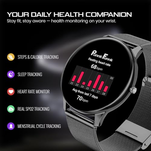 Image of PunnkFunnk Glavito Round Dial Smartwatch 1.49 inch AMOLED Display, 100+ Sports Modes, Health Tracking, Bluetooth Calling, Functional Crown Control, 100+ Watch Faces for Men & Women (Millanese Black)