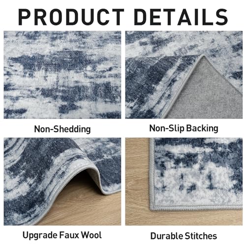 4x6 Area Rugs Washable Rug: Modern Abstract Living Room Rug Soft Anti-Skid Thin Carpet Indoor Floor Non-Shedding Carpets for Bedroom Dining Room Farmhouse Nursery Home Office Blue Grey