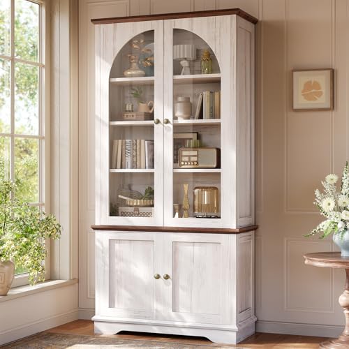 SEDETA 71' Farmhouse Arched Cabinet with Glass Doors, Tall Bookcase with Storage Cabinet, 4-Tier...