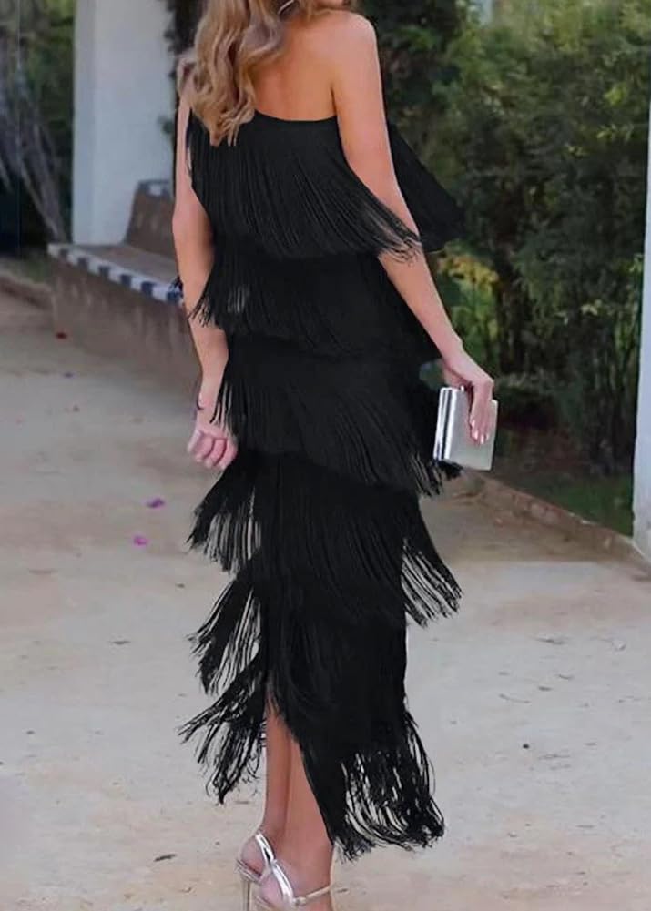 Onsoyours Abito Donna Frange Elegante Chic Vestiti Sexy Senza Maniche Vestito Lunghi A-Linea Asimmetrico Maxi Abiti Cocktail Sera Party Dress