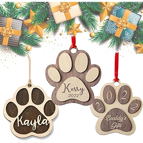 Flycalf Personalized Christmas Ornaments Dog Paw Pet Wooden Name Gifts Engraved Memorial Xmas Tree Decor Halloween Thanksgiving Holiday Party Birthday House Hanging Cover