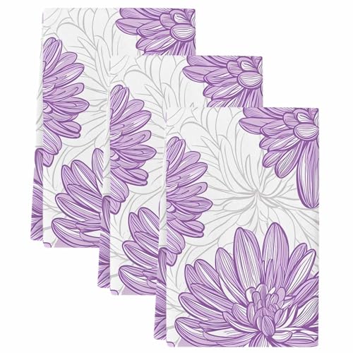 Kitchen Towels Set of 3, Purple Flowers Soft Microfiber Dish