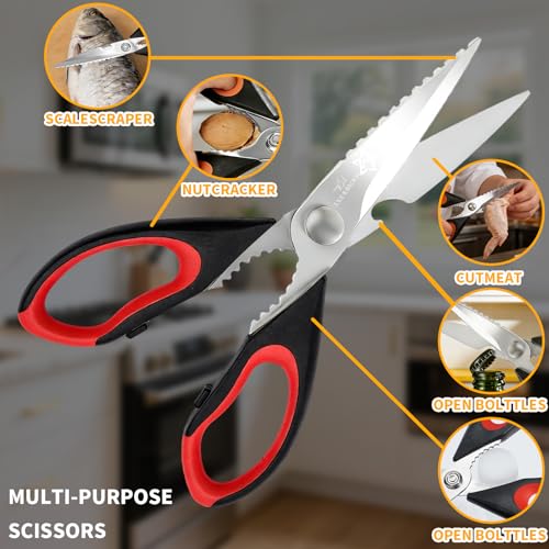 Image of Kitchen Scissors, Heavy Duty Shears with Safety Cover, Soft Grip, for Meat, Poultry, Herbs Cutting, Bottle and Jar Opener (Red & Orange)