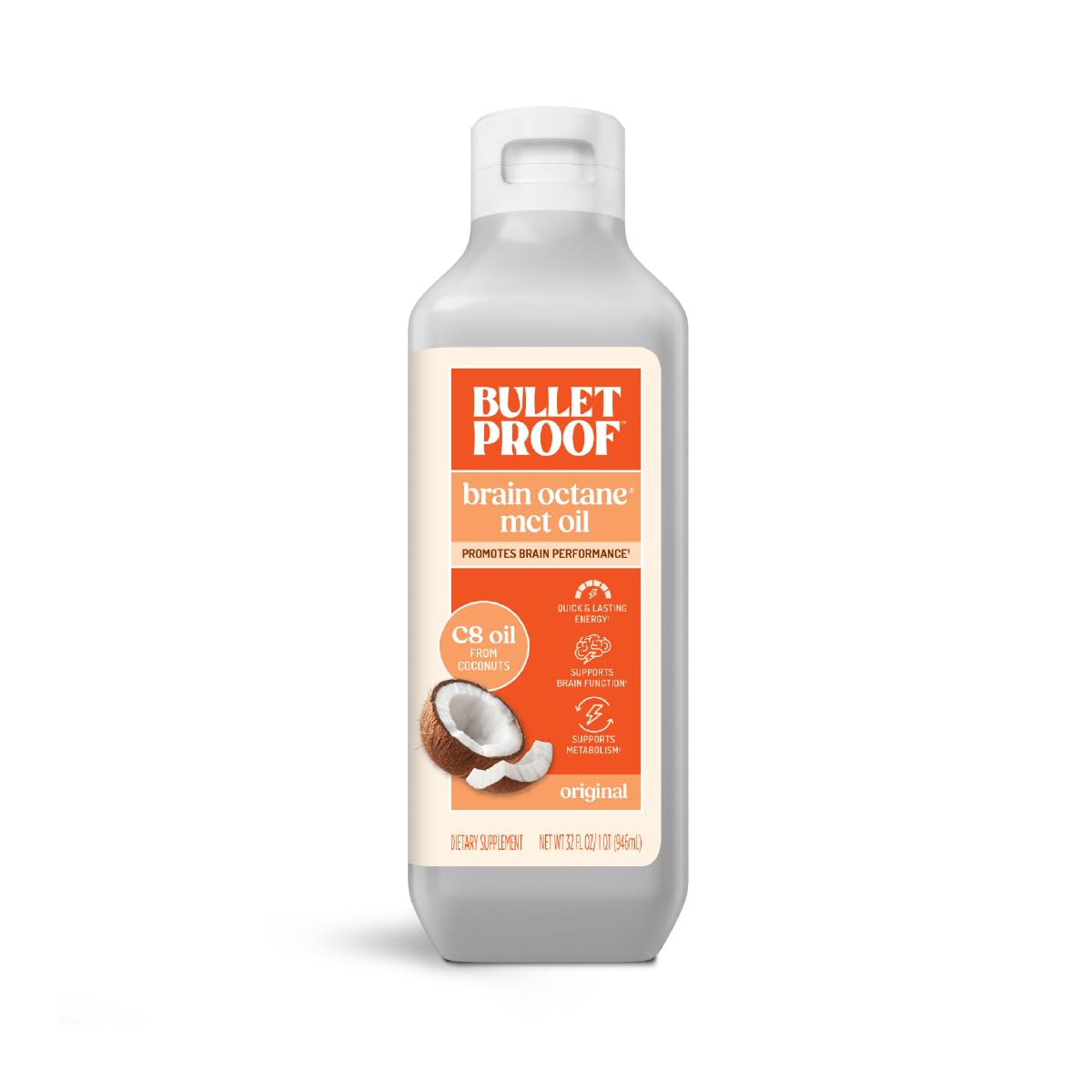 Bulletproof Brain Octane MCT Oil 32 oz, Perfect for Keto and Paleo Diet, 100% Non-GMO Premium C8 Oil