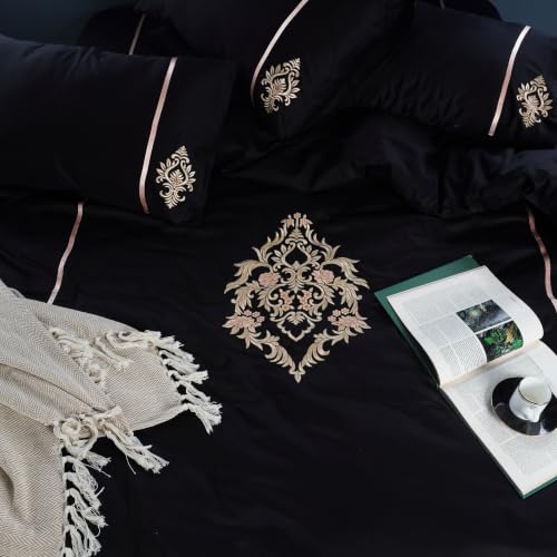 Image of Embroidered Premium Bedsheet Set | 300 TC 100% Cotton 1 Queen Bedsheet Set | Extra Smoothness with Sateen Weave| Damask Black Bedsheet Set (1 Flat Sheet + 2 Pillow Cases)