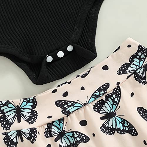 Newborn Baby Girl Clothes Sleeveless Ruffle Straps Ribbed Romper Bodysuit Tops+Bloomers Shorts Set Summer Outfits (Black,0-3 Months) #TOP4