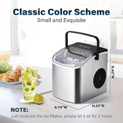 Simple Deluxe Countertop Ice Maker Machine, 6 Mins 9 Bullet Ice, 26lbs Ice Per Day, 13.7lbs, Self-Cleaning Ice Maker with Handle, Basket, Spoon, for Home Office Party, Silver