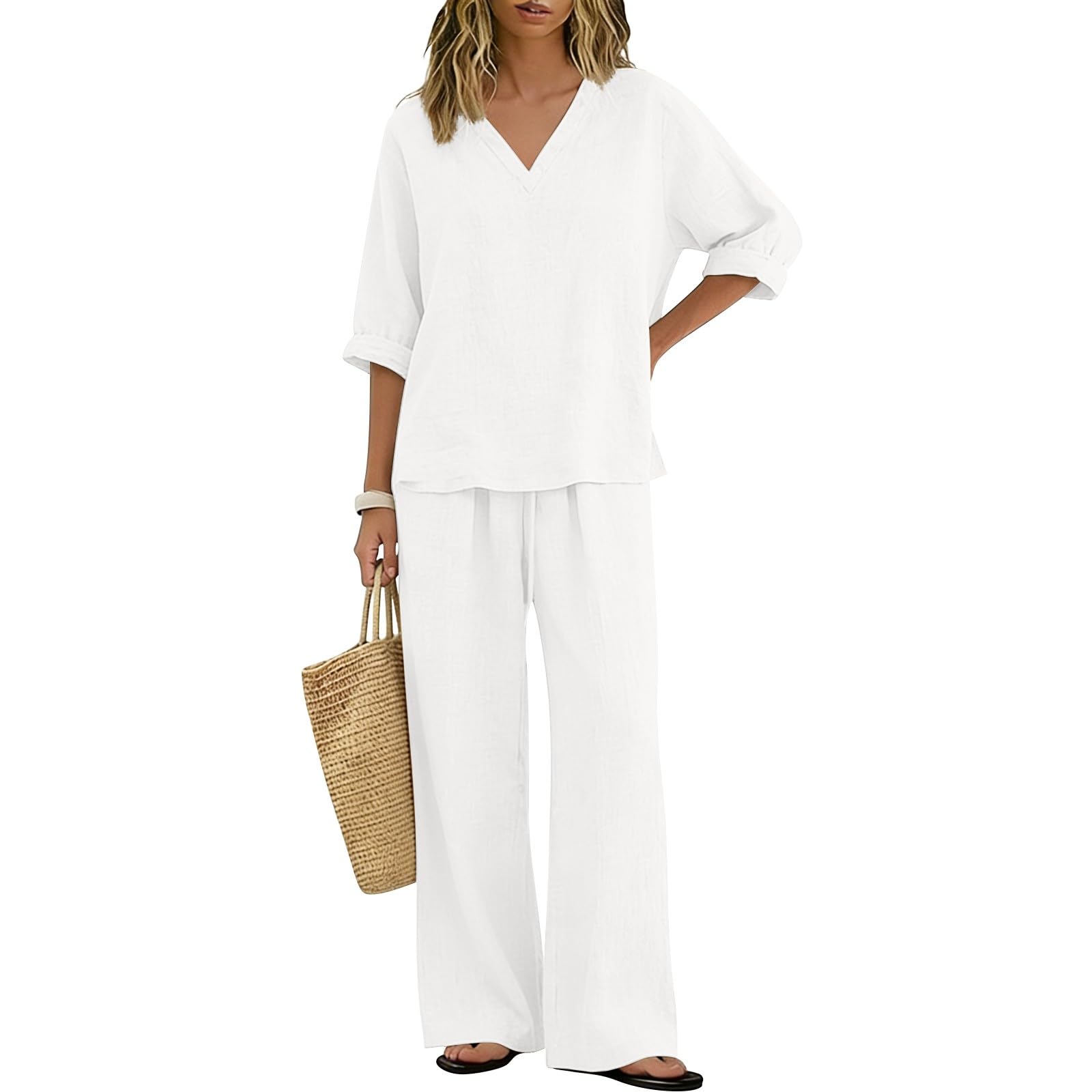 Completi Lino Donna Estivi 2 Pezzi Camicia E Pantaloni Cotone Tuta Elegante Taglie Forti Completo Estiva Curvy Tute Casual Set Leggera Larghi Completi Per L’estate Vacanza Tinta Unita Sportiva