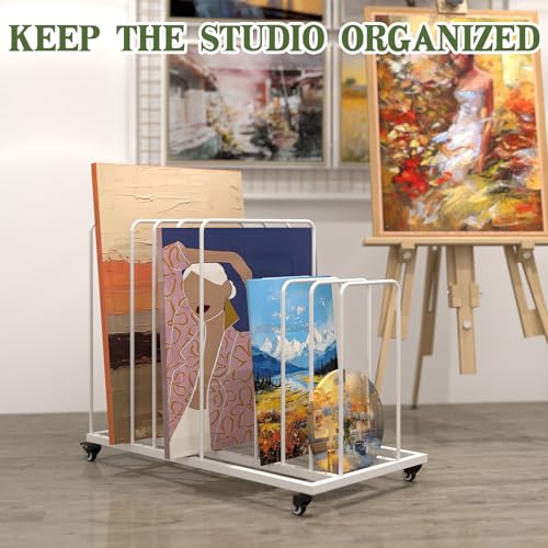 Image of Art Canvas Storage Rack, Art Storage with Wheels, Adjustable Art Storage Easel Display Stands for Canvas Boards, Panel, Crafts Drying & Print Racks,Frame,White