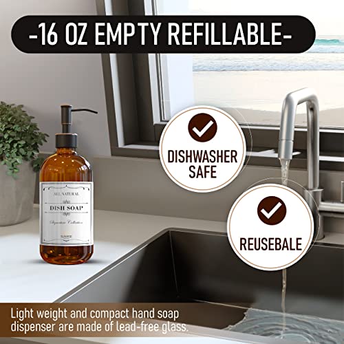 Image of Sunrise Premium 2 Pack Amber Glass Soap Dispenser 16 OZ with Oil Rubbed Bronze Stainless Steel Pump, Hand and Dish Soap Dispenser Set for Bathroom and Kitchen Sink with 6 Waterproof Labels