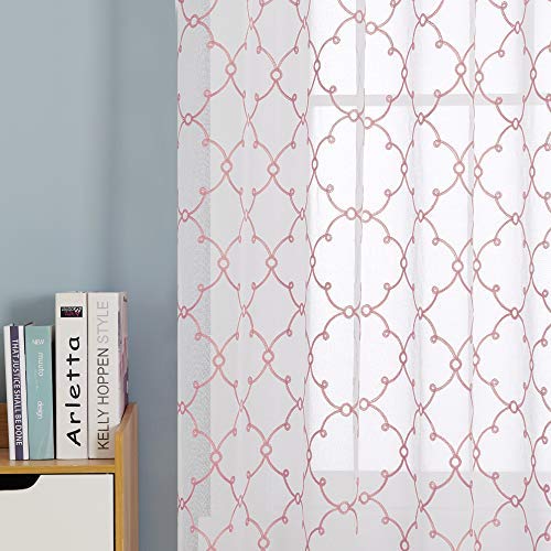 Deconovo Visillos para Ventanas Gasa Efecto Lino Cortina Transparente para Habitación Bebe Infantil 2 Paneles 140 x 180 cm Rosa