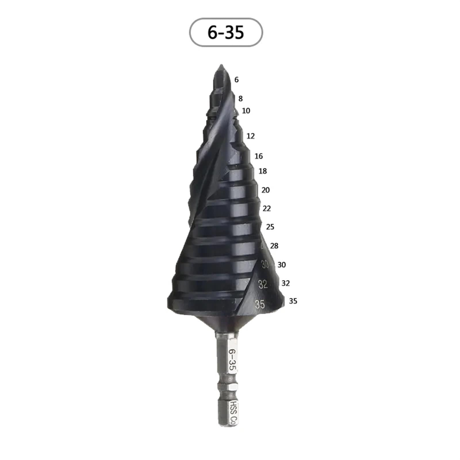 1/4 cala Hex M35 powlekane kobaltem wiertło stopniowe Shank stal szybkotnąca metalowy otwieracz do otworów wiertniczych do narzędzi ze stali nierdzewnej (Size : 6-35mm)