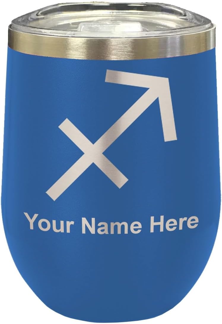 LaserGram 16oz Double Wall Stainless Steel Wine Glass Tumbler, Zodiac Sign Sagittarius, Personalized Engraving Included (Black)