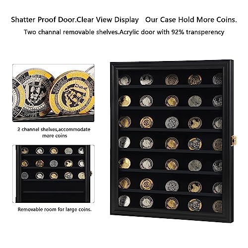 Image of Jinchuan Military Challenge Coin Display Case Lockable Cabinet Rack Holder Shadow Box with Removable 2 Grooves Shelves and Anti Dust Door for Casino Poker Chips Collectibles, Large - Black 1 Pack