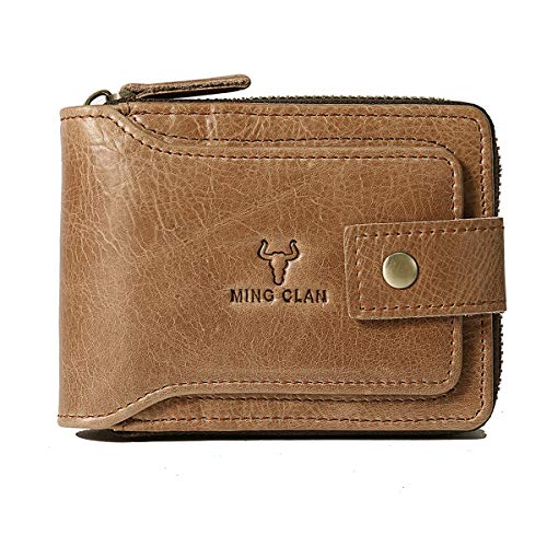 Image of MING CLAN Zipper Wallet Men RFID Blocking Leather Bifold Wallets For Men - Flap ID Window Zip Coin Pocket Mens Zipper Wallets - Big Capacity, Tobacco, M, Vintage