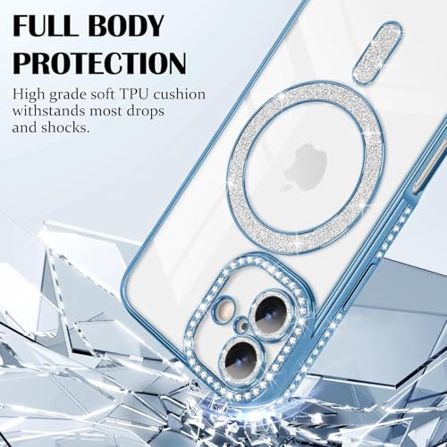 Image of Elzzi Compatible with (iPhone 17 Case) Clear Luxury Diamond Glitter Case |Camera Lens Protector with Glitter Ring | Premium Shockproof Glossy Shiny Back Cover Case for Girls Women -Blue