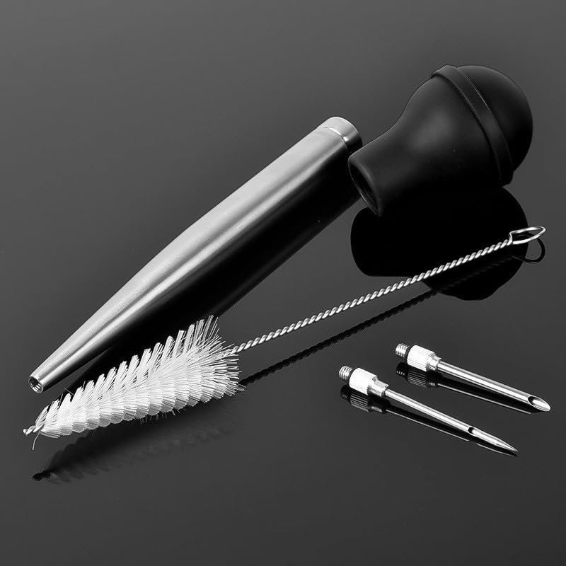 Vidonergy Juego de baster de pavo de acero inoxidable con 2 agujas de inyección, 5.5 onzas, sin goteo, grado alimenticio para asar, marinar y cocinar, incluye