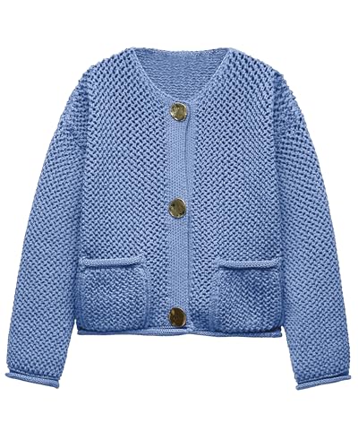 Locachy Women's Crochet Chunky Knit Sweater Cardigan Trendy Crewneck Gold Button Down Sweater2