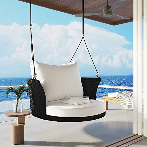 Outdoor Patio Wicker Porch Swings, 33.8" Wide Single Person Hanging Chair With Black Woven Rattan And White Cushions #TOP17