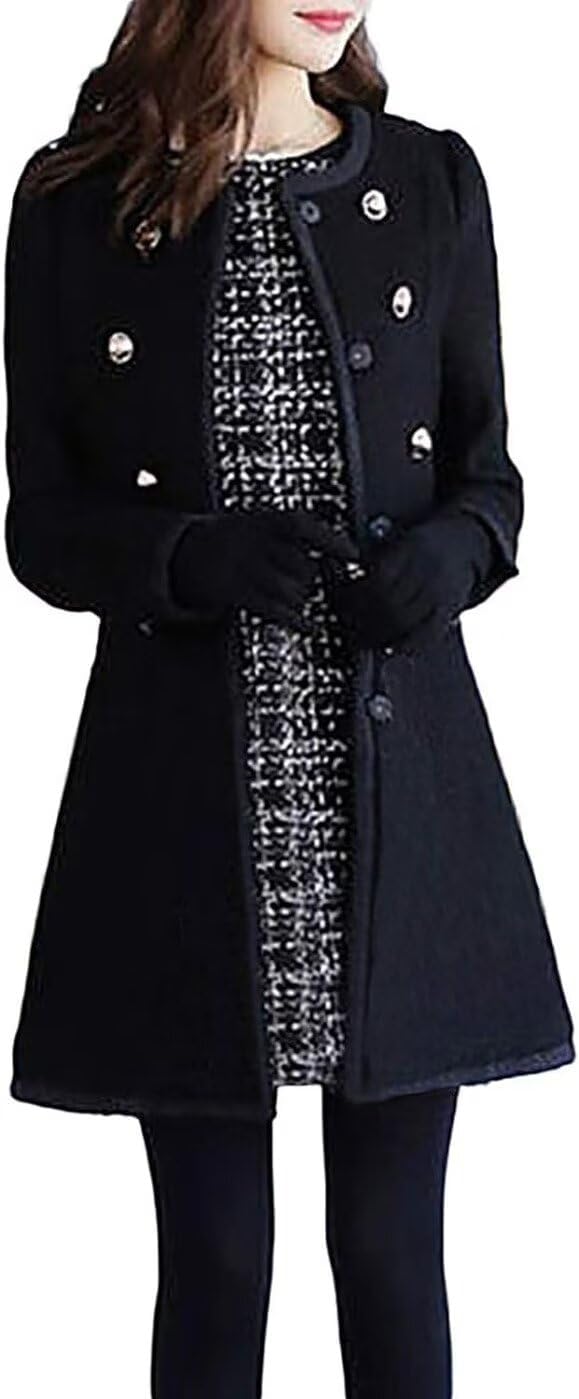 Mid-Long Pea Coat for Women Faux Fur Lapel Thick Warm Single Breasted Overcoat A-line Wool Coat Jacket