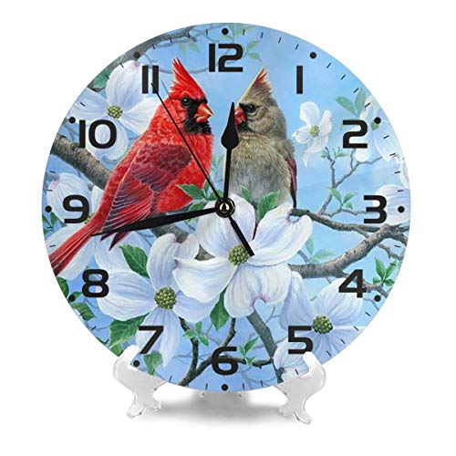Fehuew Spring Cute Cardinal Red Birds Vintage Decorative Round Wall Clock 9.5 Inch Non Ticking Battery Operated For Student Office School Home Decor Silent Desk Clock Art #TOP1