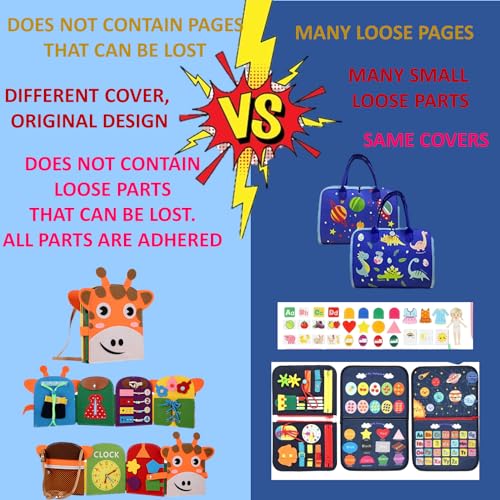 Image of Giraffe Quiet Activity Book, 8 basic skills. Busy book for toddlers, Sensory Toy for Toddlers. Developing Motor, Cognitive, and Sensory Skills. Giraffe backpack. Zipper button toy for toddler