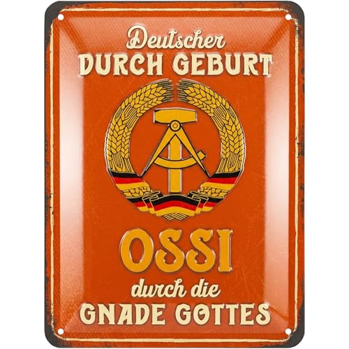 LANOLU Blechschild Ossi durch die Gnade Gottes, DDR Geschenke für Männer, Trabi Geschenke, Ossi DDR Produkte Haushalt passend für DDR Geschenkbox