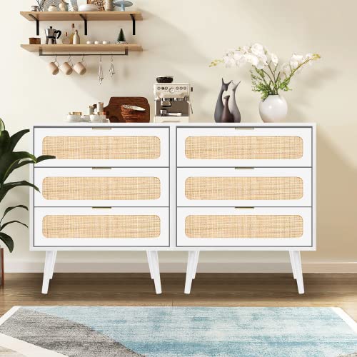 Image of QHITTY Drawer Dresser, Rattan Chest of Drawers with 3 Drawers Dresser, Accent Storage Cabinet Modern Bedside Table for Living Room, Entryway (White)