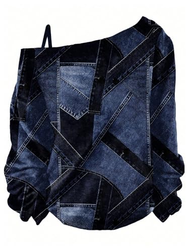 Image of RoseSeek Women's Cold Off Shoulder Denim Print T Shirt Long Sleeve Loose Graphic Tee Tops