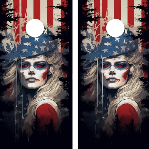 Pair of Waterproof Cornhole Board Wraps - USA Flag - American Woman - Decals - Laminated - Easy to Apply