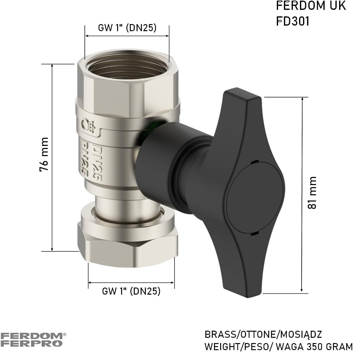FERDOM FD372 MAXIM 1" (DN25) Filtro Magnético/Hidrociclón 11000Gs Para Sistemas de Calefacción. Separador de Partículas No Magnético-Acero Inoxidable 1000µm. Max.50kW. 3 Conexiones/360°+2 Válvulas 1"
