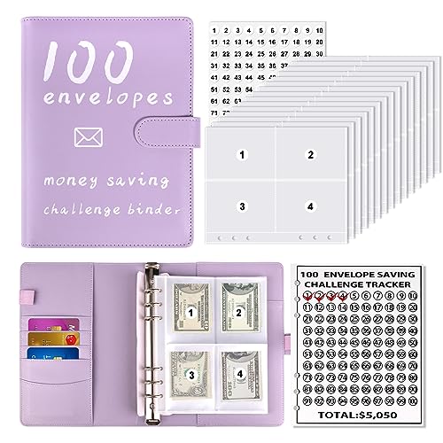 Vodolo 100 Envelopes Money Savings Challenge Book, Budgeting Binder and Cash Saving Kit with Pouches, Family Emergency Binder (Purple)