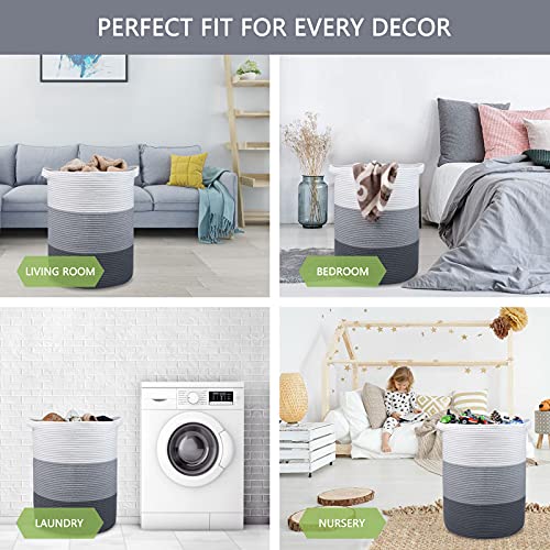Image of Cotton Rope Blanket Basket, 72L Tall Laundry Hamper, White & Gray | 16 inchx 22 inch, Large Collapsible Woven Nursery Hamper with Sturdy Handles for Clothes Toys Towels, Bedroom Living Room Bathroom