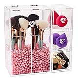 Lonkiktik Clear Acrylic Covered Makeup Brush Holder with Dustproof Lid, 3 Drawers, Pearls Beads for Cosmetics Brushes Storage (Pink)