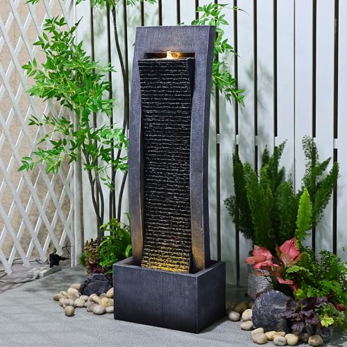 Sunlinua Water Fountain Outdoor Curved Faux Slate Waterfall Feature Freestanding Fountains Indoor Floor Standing Water Fountainswith LED Lights, Pump, Natural Stones for Garden, Patio