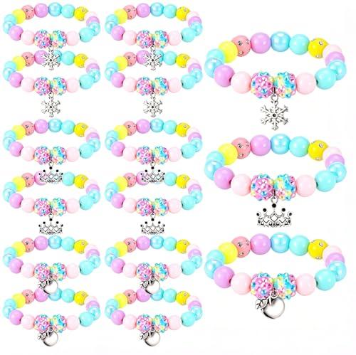 JATEBI 12 Pcs Pastel Princess Bracelets for Girls Fairy Tale Princess Party Favors Stretch Beaded Bracelets with Crown Snowflake Apple for Pastel Birthday Goodie Bag Stuffers Costume Pretend Play