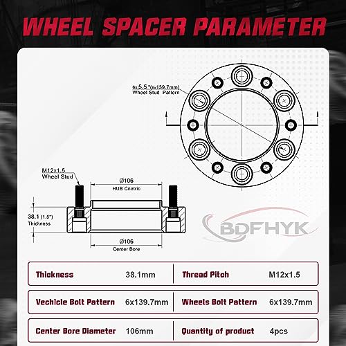 Image of BDFHYK 6X5.5 Wheel Spacers 1.5 inch 6x139.7mm Hub Centric Wheel Spacer Set with M12x1.5 Studs 106mm Center Bore Compatible with Lexus GX470 GX460 4Runner FJ Cruiser Sequoia Tacoma Tundra, Set of 4